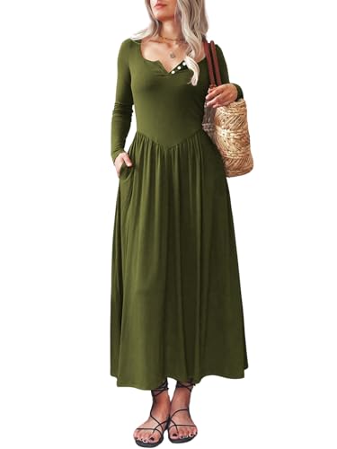 Image of Mieazom Long Sleeves Maxi Dress for Women A Line 2025 V Neck Casual Button Boho Tshirt Long Dress with Pockets Army Green M