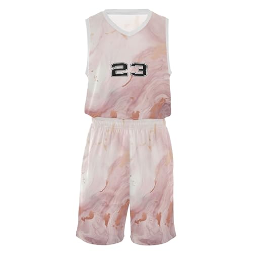 FLildon Pink Gold Marble Boys Basketball Jersey Set Tank Top Shorts Tracksuit Sport Training Suit for Kids, L