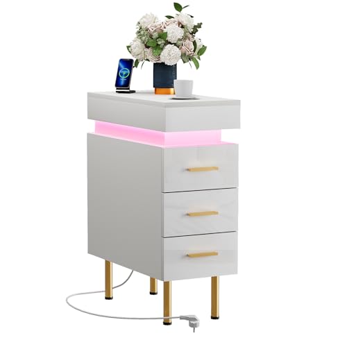 Comodino sottile con 3 cassetti e illuminazione a LED, 50 x 25 cm, con presa e USB, luce Bluetooth, perfetto come tavolino da appoggio, armadio per nicchia o ripiano sottile (bianco)