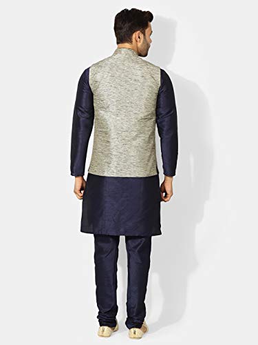 Image of UnM Men's Art Silk Uri and MacKenzie Navy Blue Kurta Pyjama with Grey Jacket (42)