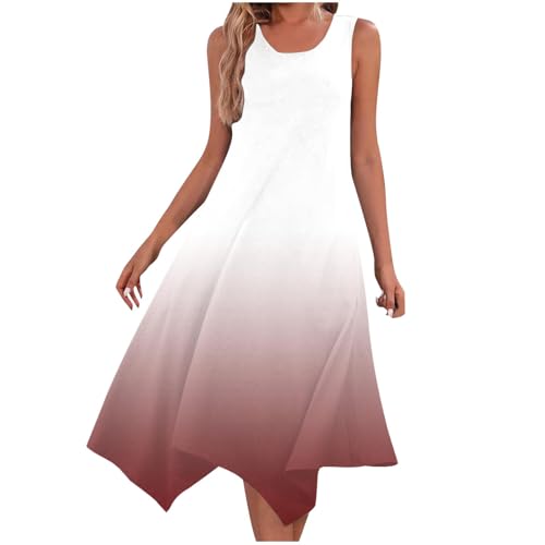 Summer Midi Dresses for Women Fashion Gradient Sleeveless Tank Dress Casual Crewneck Irregular Hem Flowy Sundresses(B- Red,Medium)