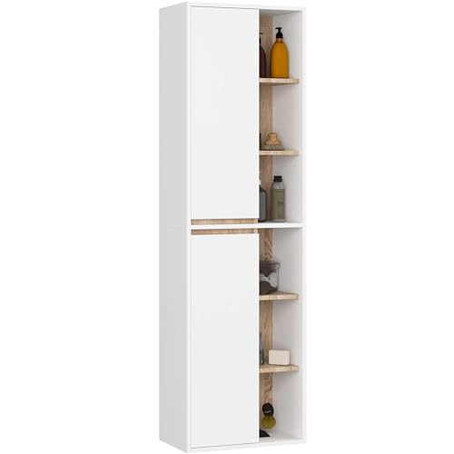 AKORD Bad-Hochschrank Hängend VAMI - 2 Türen, 10 Regalböden - Feuchtigkeitsbeständig - Laminierte Spanplatte - Badmöbel - Hoch Badschrank für Kosmetik - B50xH170xT30 cm - Weiß & Sonoma-Eiche