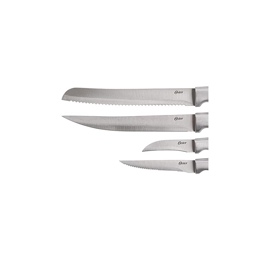 Oster-Baldwyn-22-Piece-Stainless-Steel-Cutting-Kitchen-Knife-Cutlery-Set-with-Swivel-Block-Holder-and-Knife-Sharpener-Brushed-Satin Oster Baldwyn High-Carbon Stainless Steel Kitchen Knife Cutlery Block Set, 22-Piece, Brushed Satin