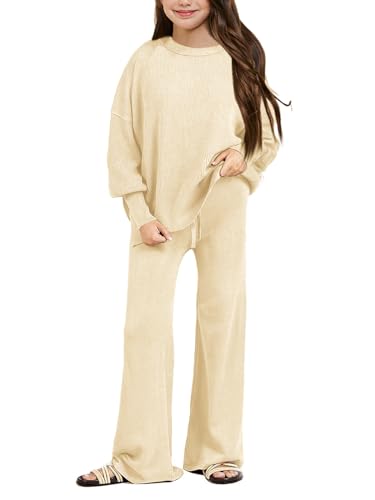 Image of Haloumoning Girls 2 Piece Outfits Kids Long Sleeve Crewneck Sweater Drawstring Wide Leg Long Pants Sweatsuits Sets 5-14T