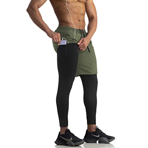 WIRIST Men Workout Shorts, Gym Athletic Compression Pants, 2 in 1 Running Pants Men (Green, Large)