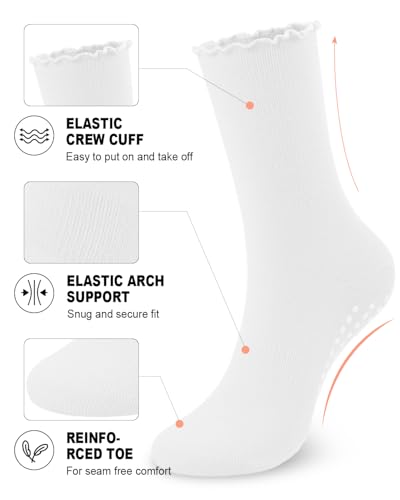 Image of Aoliks White Pilates Grip Socks for Women, Ruffle Yoga Crew Socks for Barre Hospital Sticky Slipper Socks
