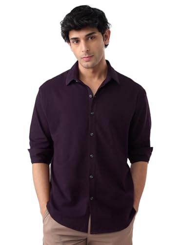Image of The Souled Store Mulberry Men and Boys Long Sleeves Collared Neck Button Front Regular Fit Cotton Textured Shirts
