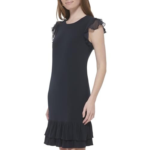 Image of Tommy Hilfiger Women's Sleeveless Crew Neck Double Ruffle Hem Jersey Shift Mini Dress