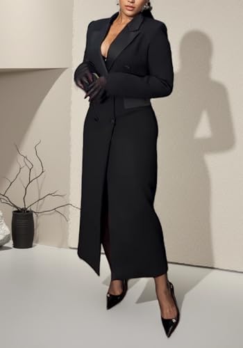 LKOUS Long Blazers Dresses for Women Long Sleeve Lapel Pockets Elegant Trench Coats Dress Fall Winter Business Outfits3