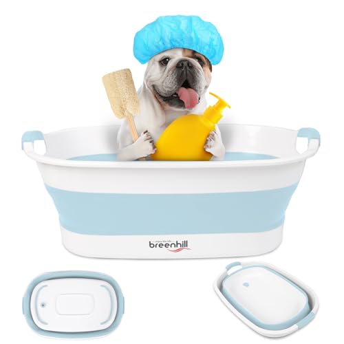 BREENHILL Collapsible Dog Bath Tub for Small Dogs & Cats, Portable Puppy Bath Tub with Water Drain Plug, Space Saving Foldable Pet Bathtub for Indoor & Outdoor Use, Blue