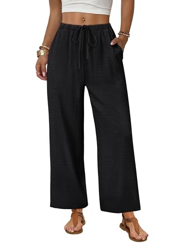Sampeel Womens Wide Leg Linen Pants Woman Palazzo Cropped Pants for Women Flowy Summer Outfits Cruise 2026 Resort Wear Beach Vacation Travel Clothes Dressy Casual Black Trousers S
