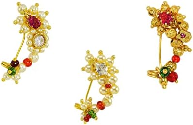 Medium Size Traditional Maharashtrian Banu Nath Nose ring without piercing Pearl Gold Plated Nath Combo Clip On Nose Ring For Women