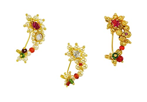 KYOOT JEWELS Medium Size Traditional Maharashtrian Banu Nath Nose ring without piercing Pearl Gold Plated Nath Combo Clip On Nose Ring For Women