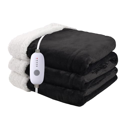 Heated Blanket Electric Throw Size 50x60 with 5 Heating Levels 3 Hour Auto Shut Off Machine Washable Flannel & Sherpa Double-Sided Soft Warming Blanket for Couch Bed Office - Black