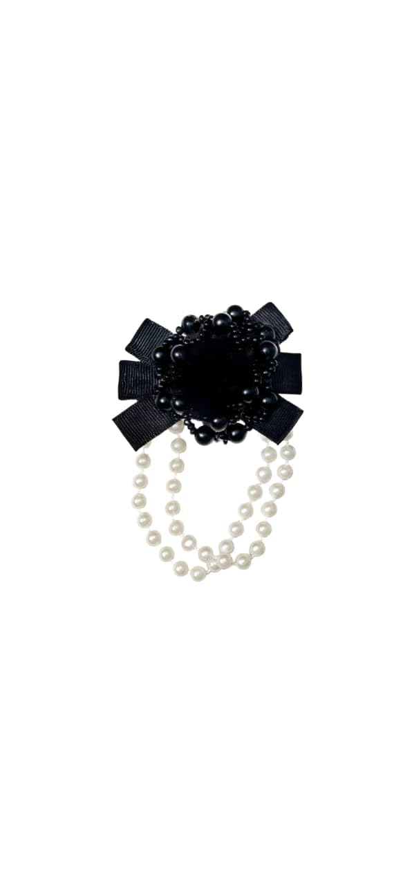 Black Bow Brooch with Double Strand Pearl Chain, Beaded Floral Centre, Jewellery-image-5