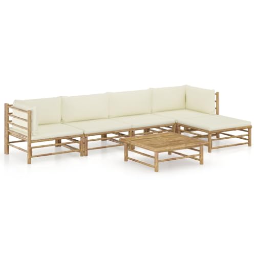 vidaXL Salon de Jardin 6 pcs avec Coussins Mobilier de Jardin Meubles de Terrasse Meubles d'Extérieur Mobilier de Patio Blanc Crème Bambou
