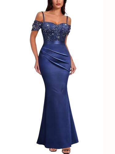 Miusol Women's Elegant Sequin Lace Spaghetti Straps Formal Satin Maxi Dress