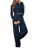 Ezbelle Summer Lounge Sets Womens Pajama Set Long Sleeve Crop Top Loose Wide Leg Pants Casual Loungewear Set Navy Blue Small