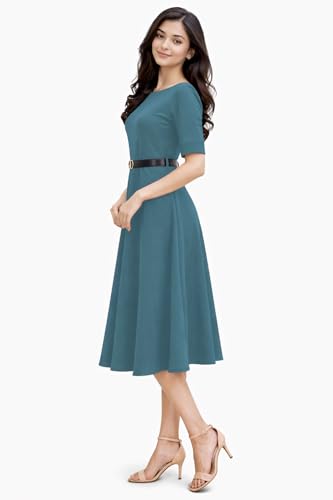 Image of Women's Elegant Midi Dress with Belt | Half Sleeve Fit & Flare Casual Dress | Knee Length Office Party Western Dress for Women