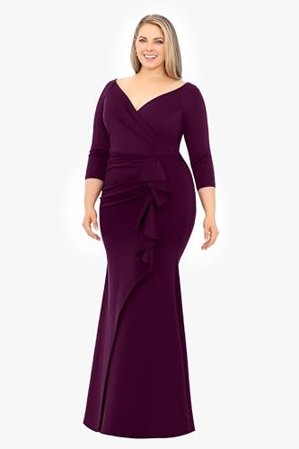 Image of Xscape Women's Floor Length V-Neck Bodycon Evening Gown with 3 /4 Sleeves, Rushing, & Ruffle Detail, Plum, 20W, Plus Size