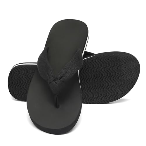 Qzize All Black Flip Flops for Women Beach Sandals Comfortable Foam Yoga Mat Cushion Slip on Walking Thongs Size 6.5