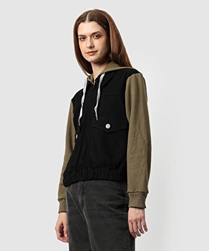 Image of Campus Sutra Women's Black & Olive Green Regular Fit Denim Jacket For Winter Wear | Collared Neck | Full Sleeve | Buttoned | Casual Jacket For Woman & Girl | Western Stylish Jacket For Women