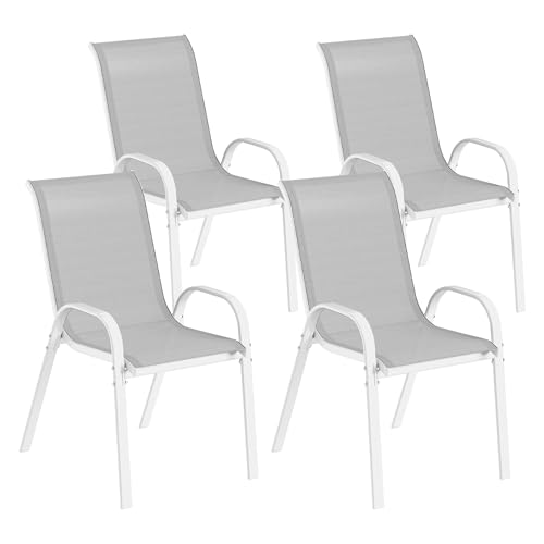 Outsunny Juego de 4 Sillas de Jardín Exterior Sillas Terraza Exterior Apilables Sillas de Jardín con Tela Transpirable Marco de Acero Reposabrazos y Respaldo 54x71x93 cm Gris y Blanco