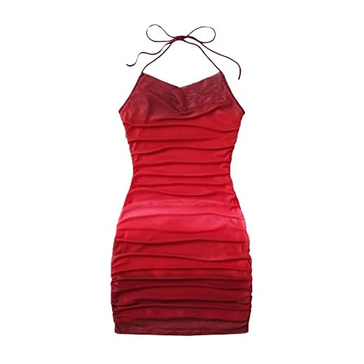 SheIn Women's Ruched Sleeveless Mesh Bodycon Dress Cowl Neck Ombre Halter Mini Dresses Red L