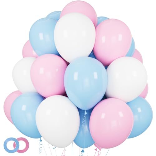 Image of Pink and Blue Balloons 100 Pack 12 inch Pastel Pink Blue White Latex Party Balloons with 65ft Ribbon for Gender Reveal Baby Shower Birthday Bridal Shower Wedding Party Decorations Supplies