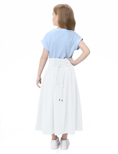 Image of Girl Maxi Skirt Elastic High Waist A-Line Long Skirt Smocked Waistband with Drawstring and Pockets 3-12 Years