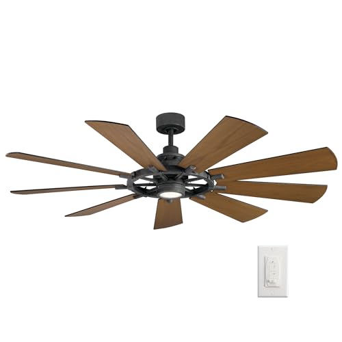 KICHLER 65 inch Gentry LED Ceiling Fan in Distressed Black with Reversible Blades, Extra Large