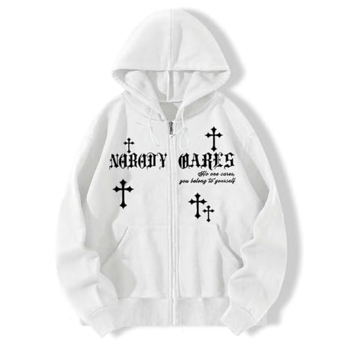 Womens Men Zip Up Grunge Hoodie Cross Print Jacket Sweatshirt Y2k Punk Goth Hoodie Oversized Sweatshirt Fall Outfits