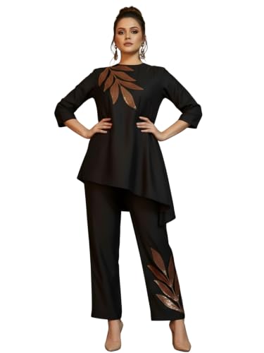 Image of Women's Magenta Chanderi Sequin Embroidered Co-ord Set | Round Neck 3 /4 Sleeve Asymmetric Top with Trousers | Festive Co-ord for Party, Wedding