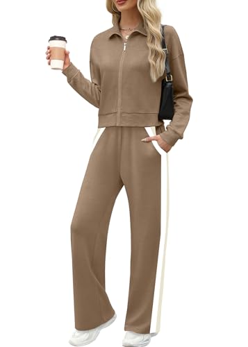 Image of XIEERDUO Lounge Sets for Women 2025 Sweatsuit 2 Piece Outfits Sweatshirt Wide Leg Sweatpant Tracksuit Matching Set