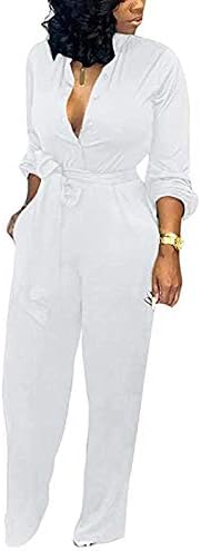 Aro Lora Womens Sexy Deep V Neck Long Sleeve Button Down One Piece Wide Leg Jumpsuit Romper XX-Large White