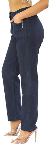 Womens Side Elastic Waist Jeans Straight Leg Regular Fit Short 27" Leg Petite