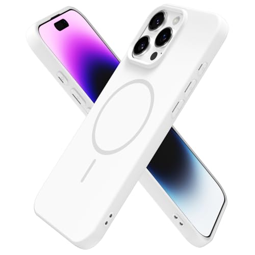 oakxco for iPhone 14 Pro Max Case Silicone Mag Safe Magnetic Slim Thin Phone Case Compatible with Magsafe Wireless Charging Cute Girly Aesthetic Soft Rubber Gel Safecase for Women Girls White