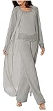 Plus Size Chiffon Mother of The Bride Pantsuits 3 Pieces Outfits Long Sleeve Silver