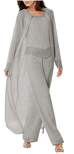Plus Size Chiffon Mother of The Bride Pantsuits 3 Pieces Outfits Long Sleeve Silver