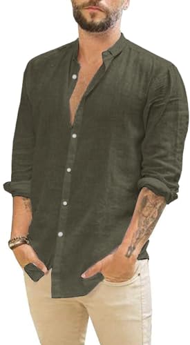 Friptspyg Hombres Camisa de Manga Larga de Algodón y Lino Corte Regular Ideal para Ocasiones de Playa y Vestir Casual Camisa de Verano, Verde Oliva L
