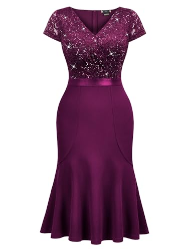 Image of Miusol Women's Elegant V Neck Sequin Glitter Lace Ruffle Style Cocktail Prom Dress