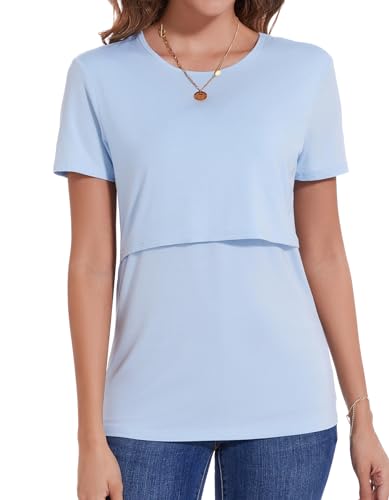Sosolism Camiseta de Lactancia Esencial para Mujer Top de Verano de Manga Corta Suave y Cómoda para Amamantar Ropa de Alimentación Materna Azul Claro, Grande