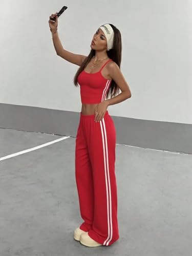 Image of THIRD QUADRANT Women's Wide Leg Track Pants for Women | Black with White Side Stripes | Drawstring Waist (in, Alpha, L)