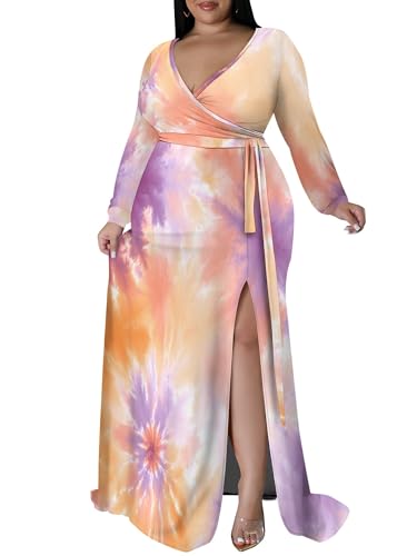 Image of PinkPatty Women's Plus Size Long Sleeve Maxi Dress Casual V Neck Slit Tie Waist Wrap Dresses for Party Cocktail