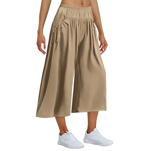 eoeioa Lounge Cropped Pants for Women Ruched Crop Elastic High Waisted Palazzo Pants Lounge Wide Leg Pant with Pockets4