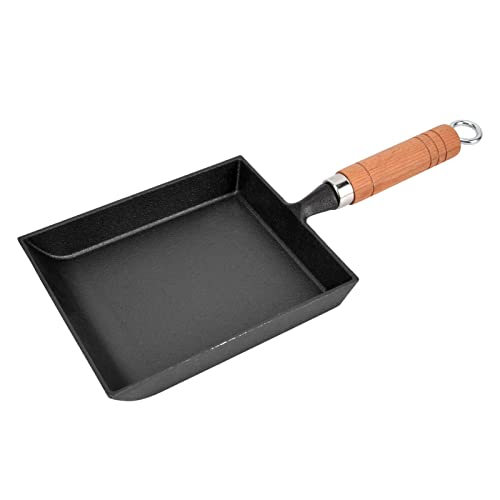 Gsycle 15.5cm Square Frying Pan, Thickened Cast Iron Pan Flat Bottomed Pancake Cookware with Wood Handle for Kitchen Indoor Cooking