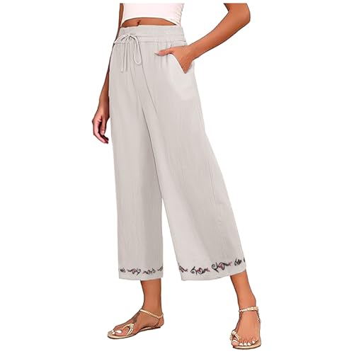 Womens Cotton Linen Pants Casual Elastic Waist Wide Leg Trousers with Pockets Solid Fashion Embroidery Palazzo Pant
