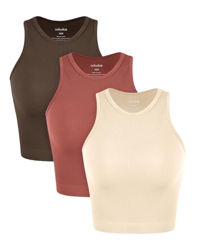 Image of ODODOS 3-Pack Seamless Crop Tank for Women Ribbed Soft High Neck Cropped Tops