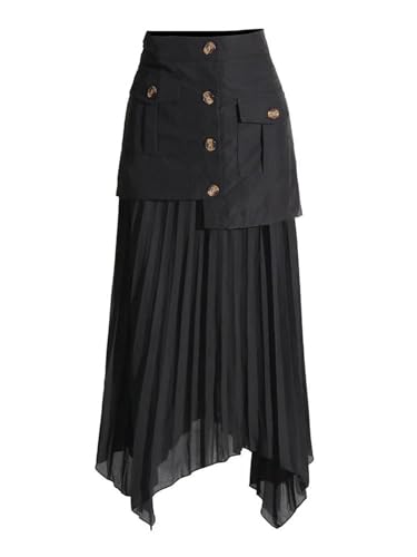 Women's A-Line Patchwork Skirt, Pleated High Waist Asymmetric2