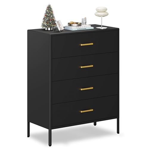 FIRMET Metal 4 Drawer Dresser for Bedroom, Black Dressers Chest of Drawers, Curved-Edge Bedroom Dressers with Drawers, Metal Dresser with 4 Drawers for Bedroom, Hallway, Entryway, Closets